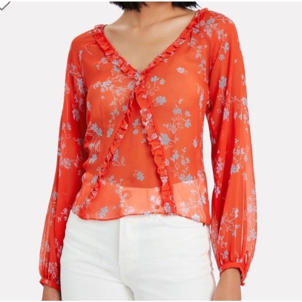 Nicholas Poppy Red Silk Floral Ruffle V-Neck Blouse Long Sleeve Sheer Top XS